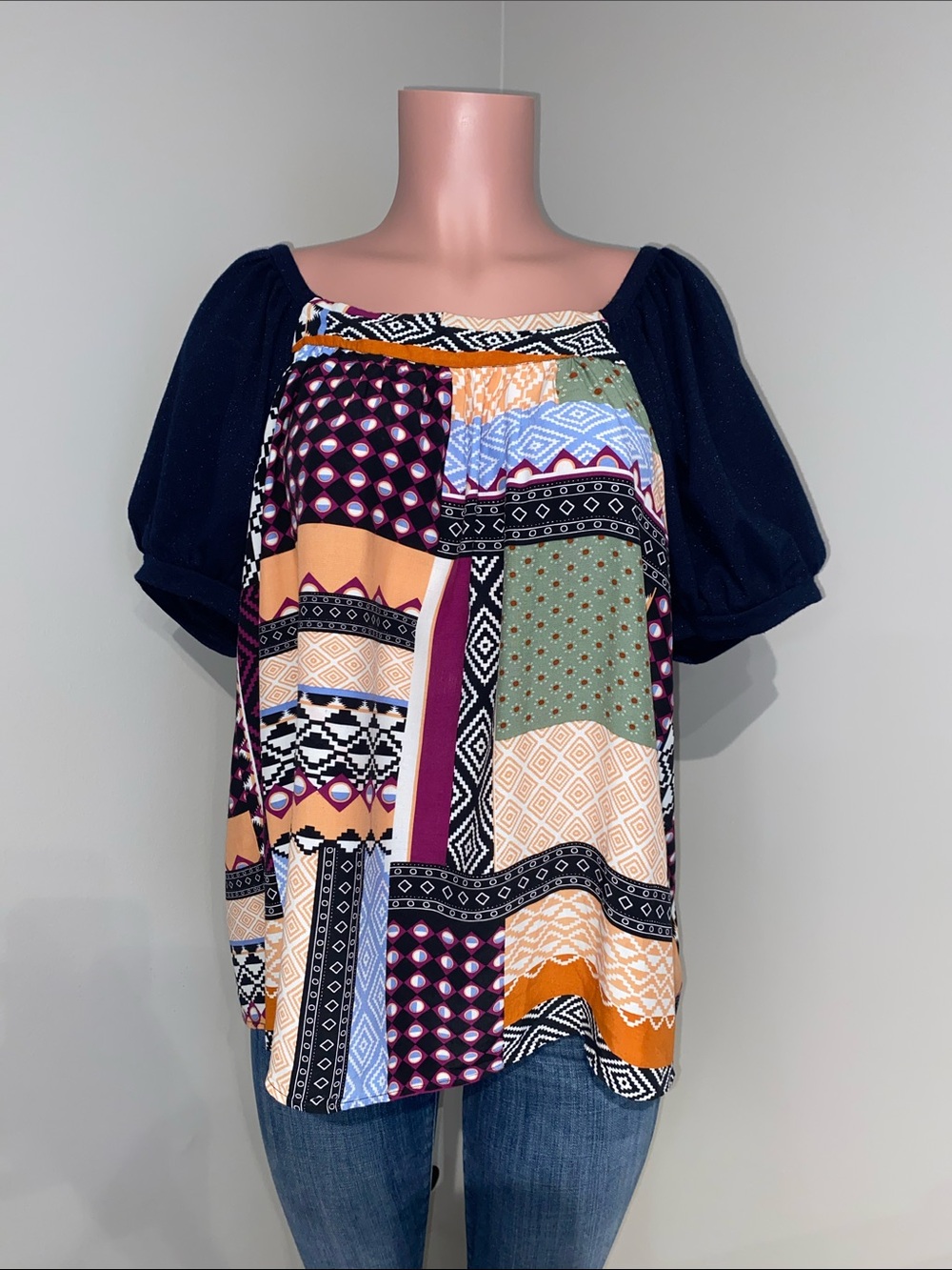 Maeve by Anthropologie Catiana Patchwork Puffed Sleeve Top Navy Size XL